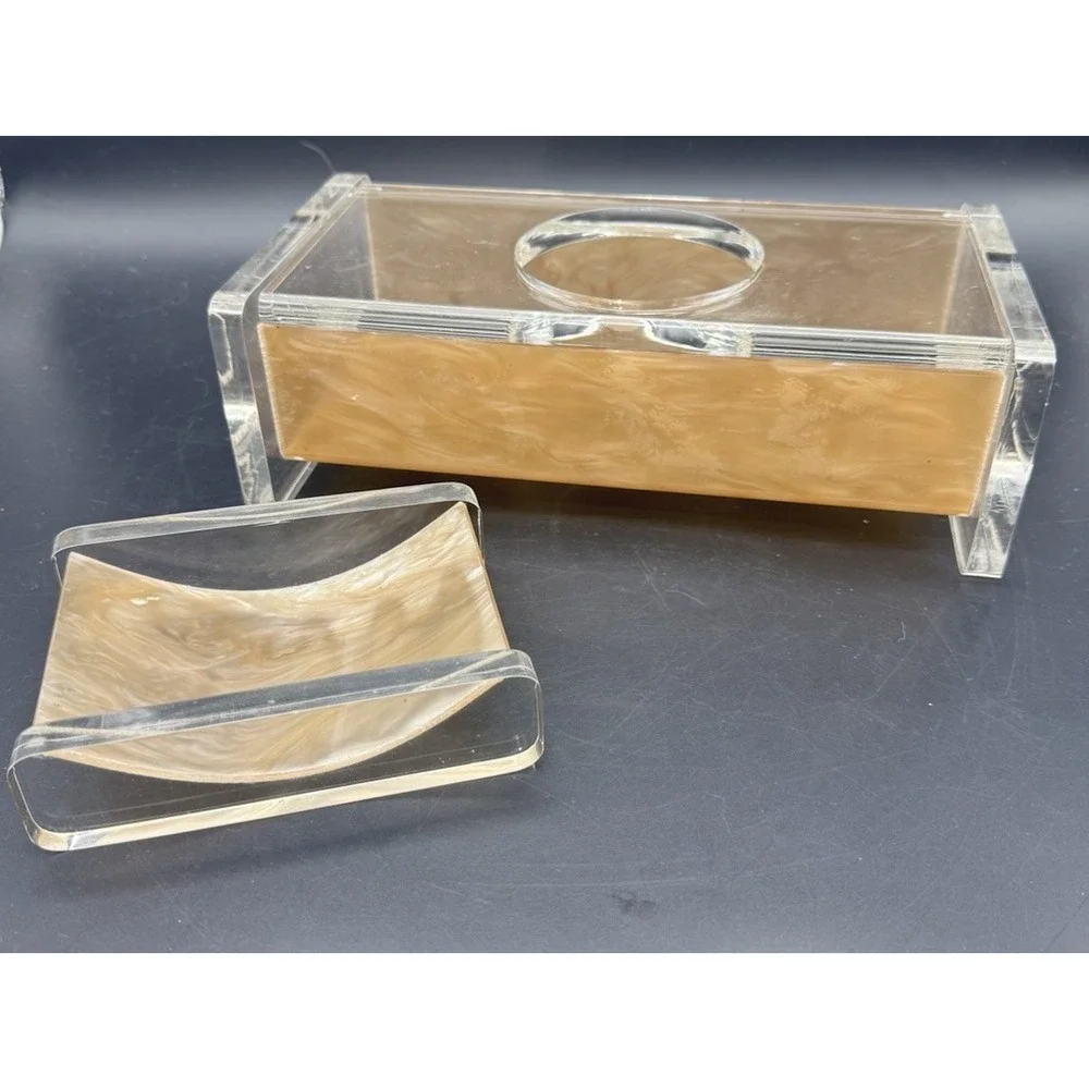 Vintage Handmade Lucite Bathroom Set MCM Acrylic Tissue Holder & Soap Dish
